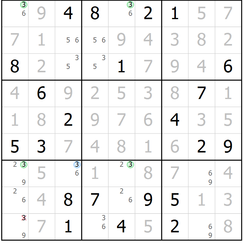 Position des candidats pour la solution de la Gr 105 page 108 du magazine de sudoku Giga sudoku niv 6-8 n° 016