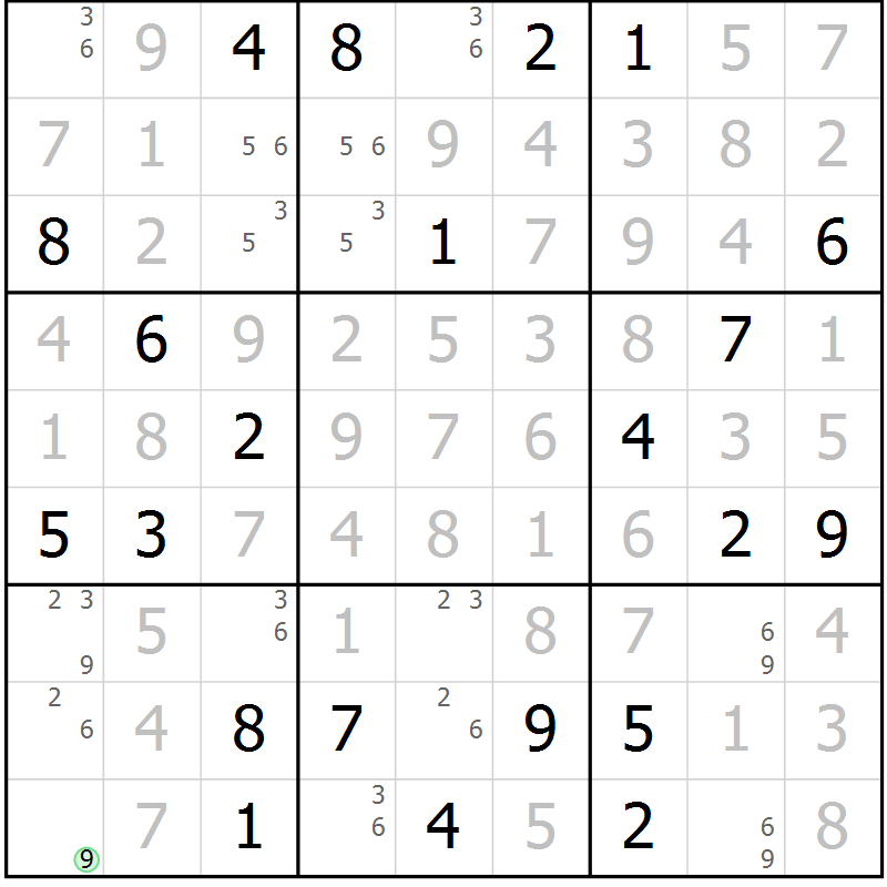 Position des candidats pour la solution de la Gr 105 page 108 du magazine de sudoku Giga sudoku niv 6-8 n° 016