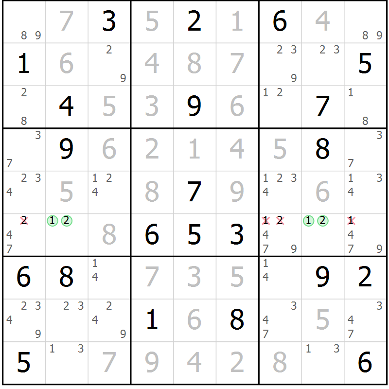 Position des candidats pour la solution de la Gr 106 page 109 du magazine de sudoku Giga sudoku niv 6-8 n° 016