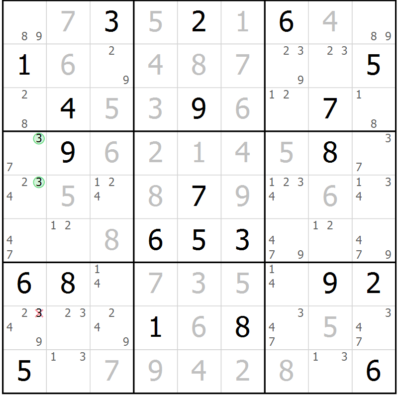 Position des candidats pour la solution de la Gr 106 page 109 du magazine de sudoku Giga sudoku niv 6-8 n° 016