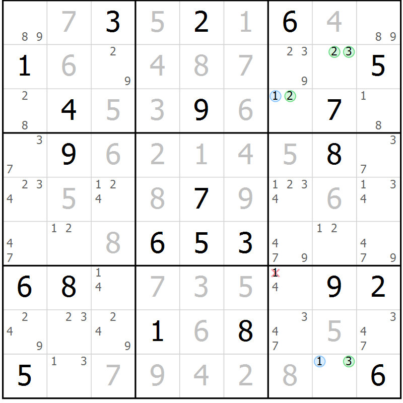 Position des candidats pour la solution de la Gr 106 page 109 du magazine de sudoku Giga sudoku niv 6-8 n° 016