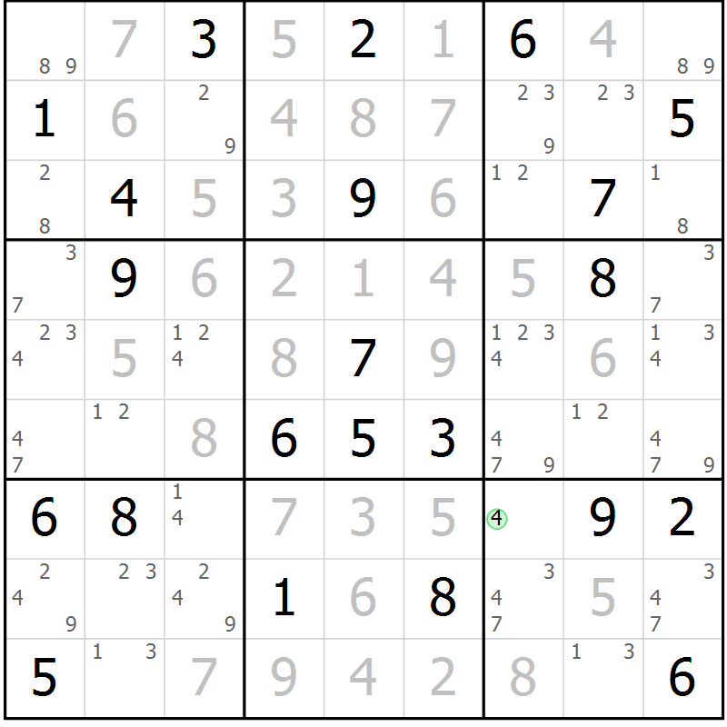 Position des candidats pour la solution de la Gr 106 page 109 du magazine de sudoku Giga sudoku niv 6-8 n° 016