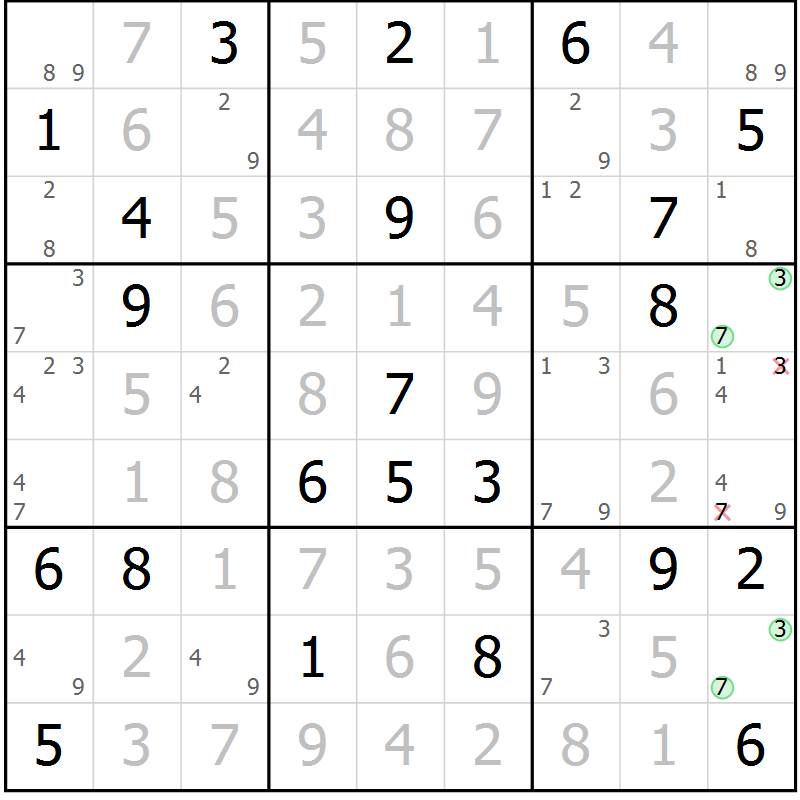 Position des candidats pour la solution de la Gr 106 page 109 du magazine de sudoku Giga sudoku niv 6-8 n° 016
