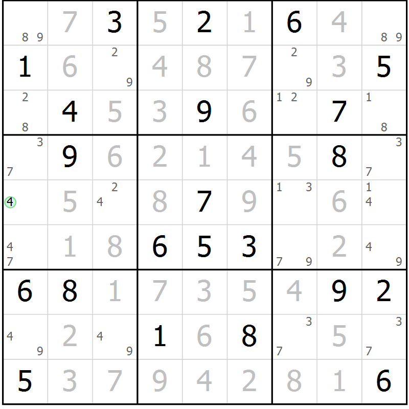 Position des candidats pour la solution de la Gr 106 page 109 du magazine de sudoku Giga sudoku niv 6-8 n° 016