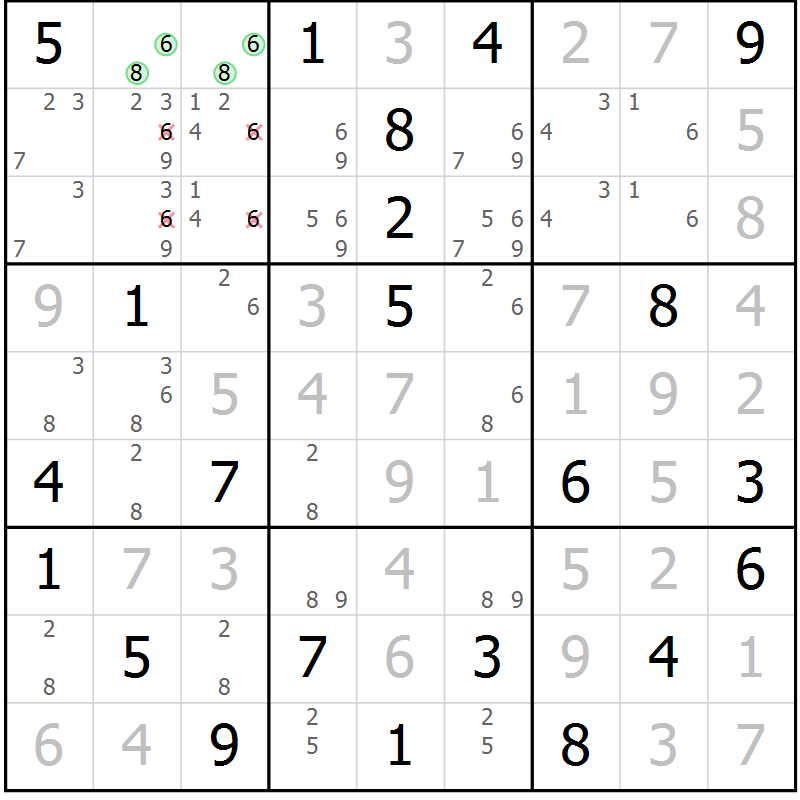 Position des candidats pour la solution de la Gr 107 page 110 du magazine de sudoku Giga sudoku niv 6-8 n° 016