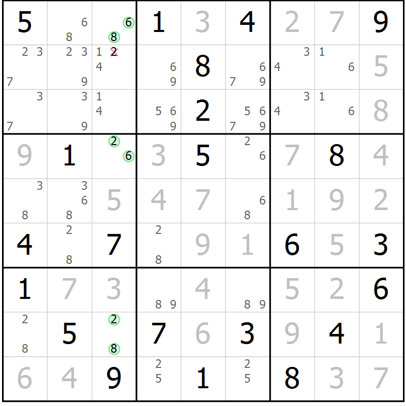 Position des candidats pour la solution de la Gr 107 page 110 du magazine de sudoku Giga sudoku niv 6-8 n° 016