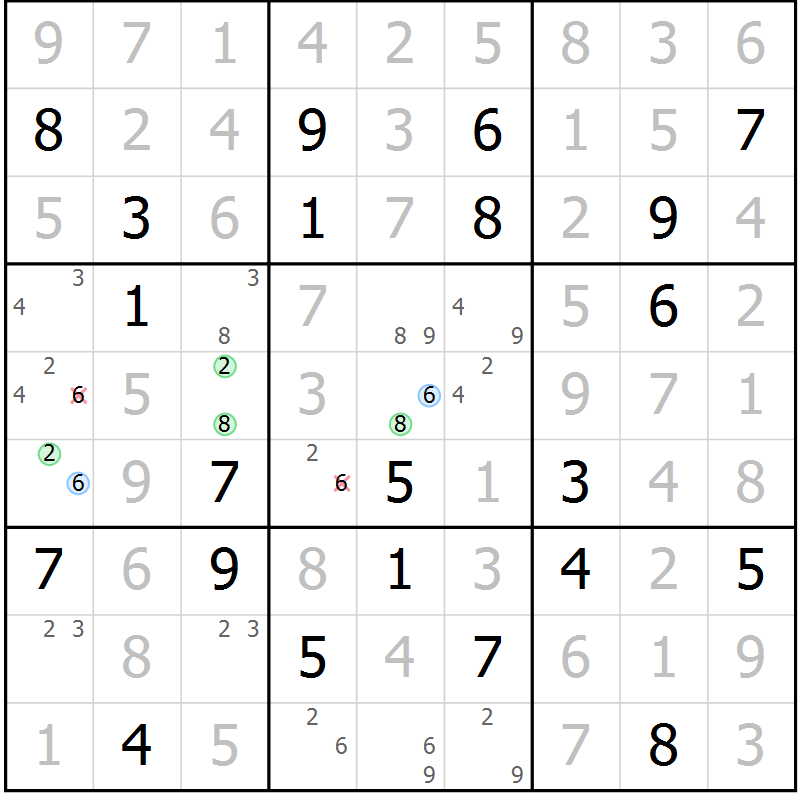 Position des candidats pour la solution de la Gr 108 page 111 du magazine de sudoku Giga sudoku niv 6-8 n° 016