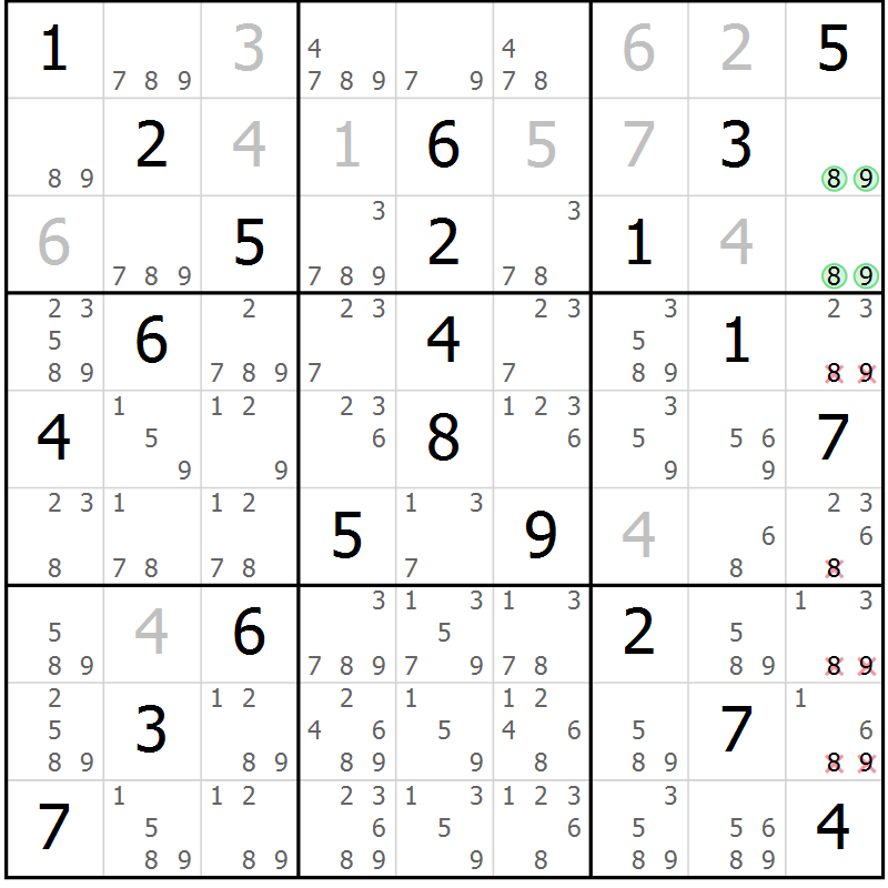 Position des candidats pour la solution de la Gr 11 page 14 du magazine de sudoku Giga sudoku niv 6-8 n° 016