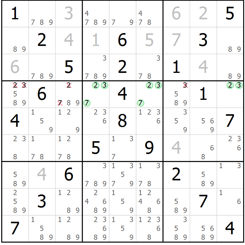 Position des candidats pour la solution de la Gr 11 page 14 du magazine de sudoku Giga sudoku niv 6-8 n° 016