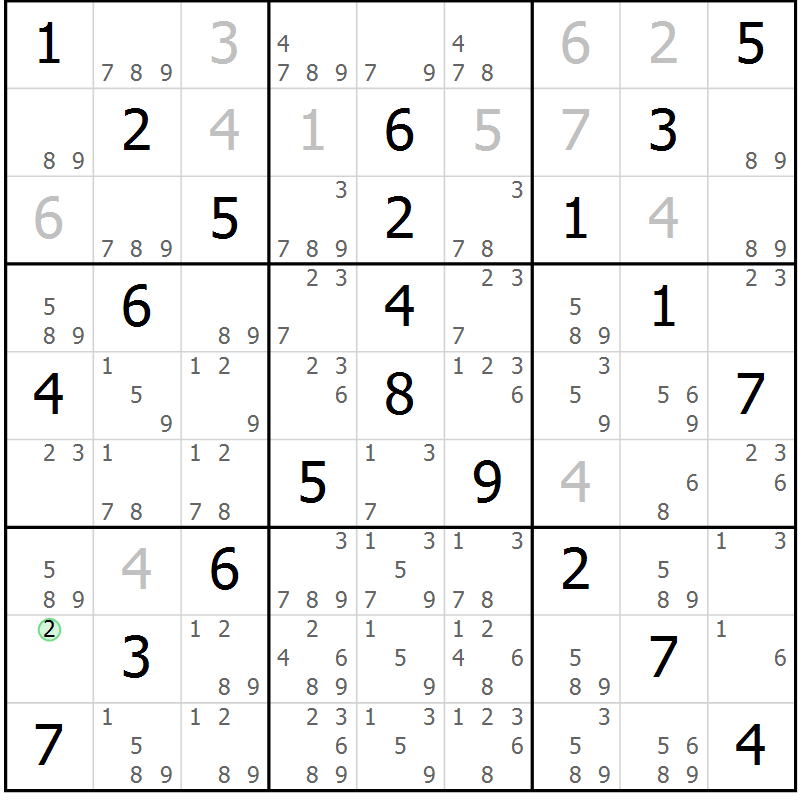 Position des candidats pour la solution de la Gr 11 page 14 du magazine de sudoku Giga sudoku niv 6-8 n° 016