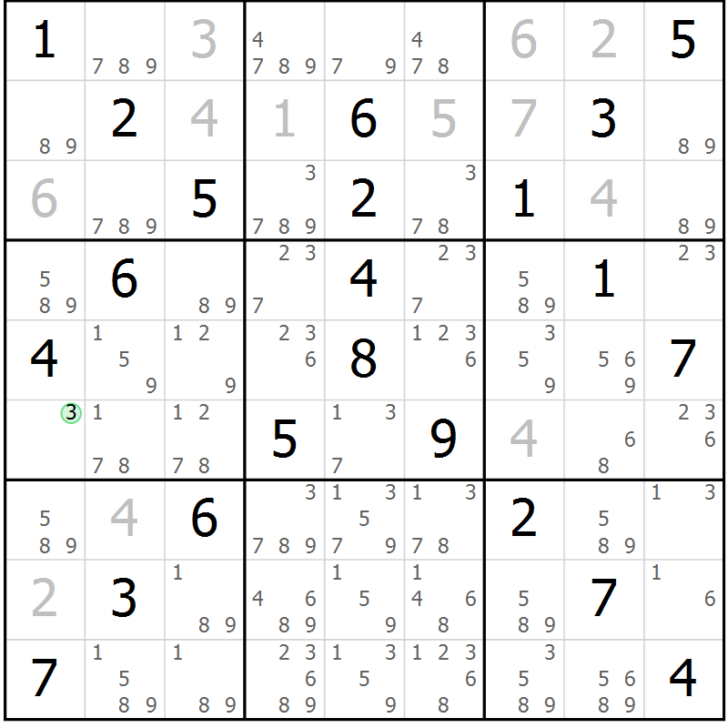 Position des candidats pour la solution de la Gr 11 page 14 du magazine de sudoku Giga sudoku niv 6-8 n° 016