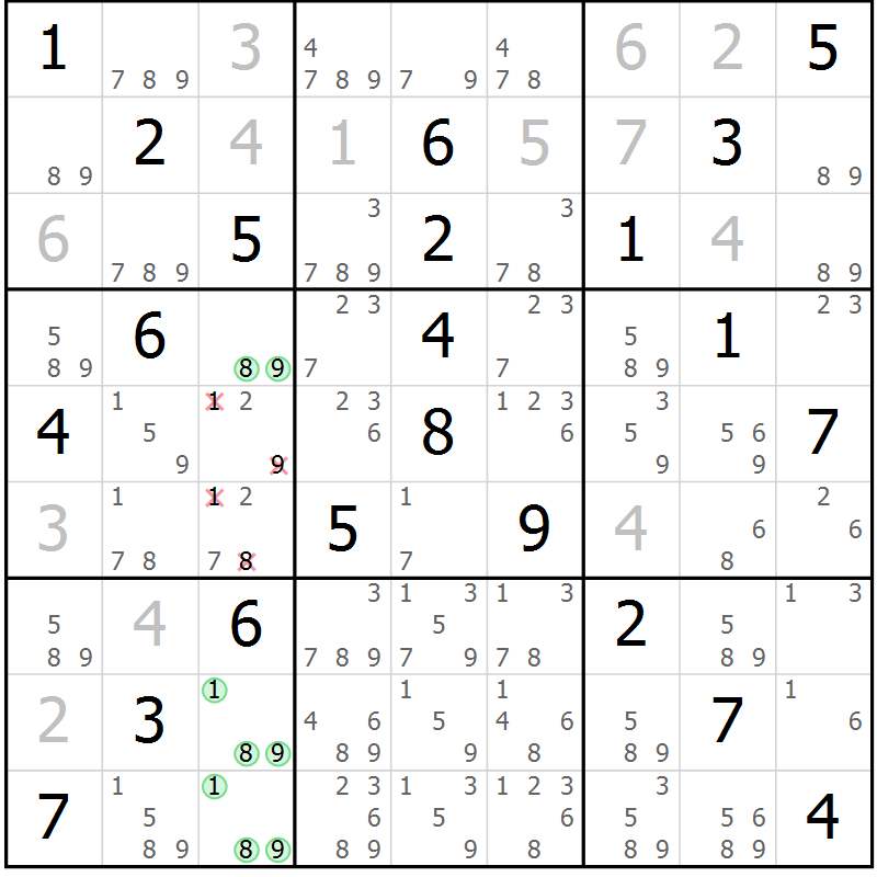 Position des candidats pour la solution de la Gr 11 page 14 du magazine de sudoku Giga sudoku niv 6-8 n° 016