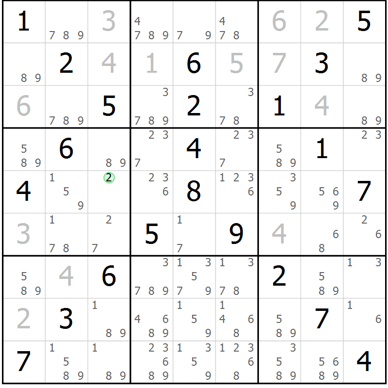 Position des candidats pour la solution de la Gr 11 page 14 du magazine de sudoku Giga sudoku niv 6-8 n° 016