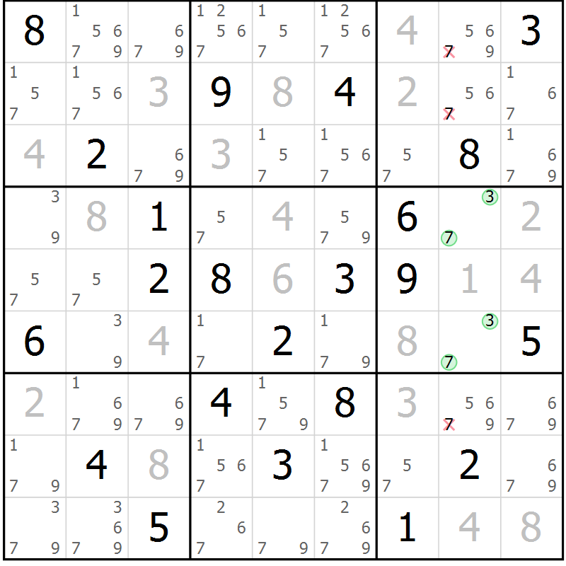 Position des candidats pour la solution de la Gr 110 page 113 du magazine de sudoku Giga sudoku niv 6-8 n° 016