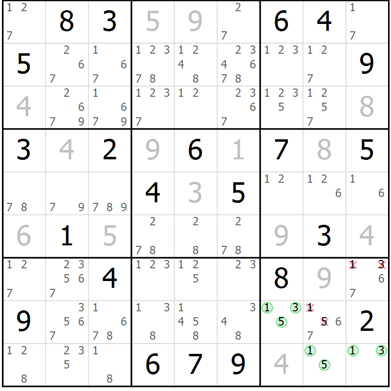 Position des candidats pour la solution de la Gr 111 page 114 du magazine de sudoku Giga sudoku niv 6-8 n° 016