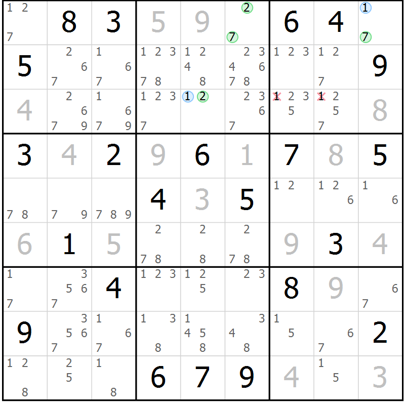 Position des candidats pour la solution de la Gr 111 page 114 du magazine de sudoku Giga sudoku niv 6-8 n° 016
