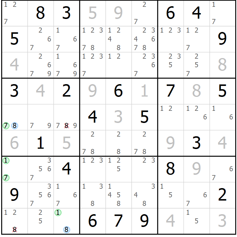 Position des candidats pour la solution de la Gr 111 page 114 du magazine de sudoku Giga sudoku niv 6-8 n° 016
