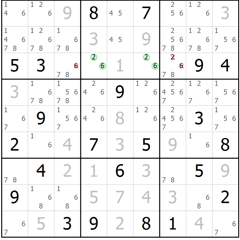 Position des candidats pour la solution de la Gr 113 page 116 du magazine de sudoku Giga sudoku niv 6-8 n° 016