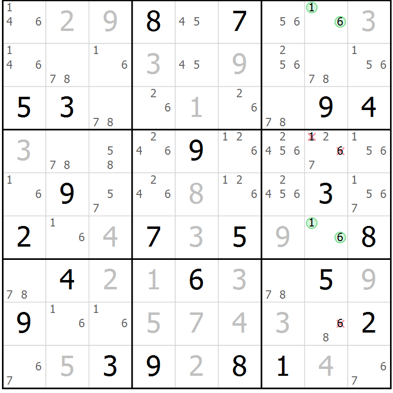 Position des candidats pour la solution de la Gr 113 page 116 du magazine de sudoku Giga sudoku niv 6-8 n° 016