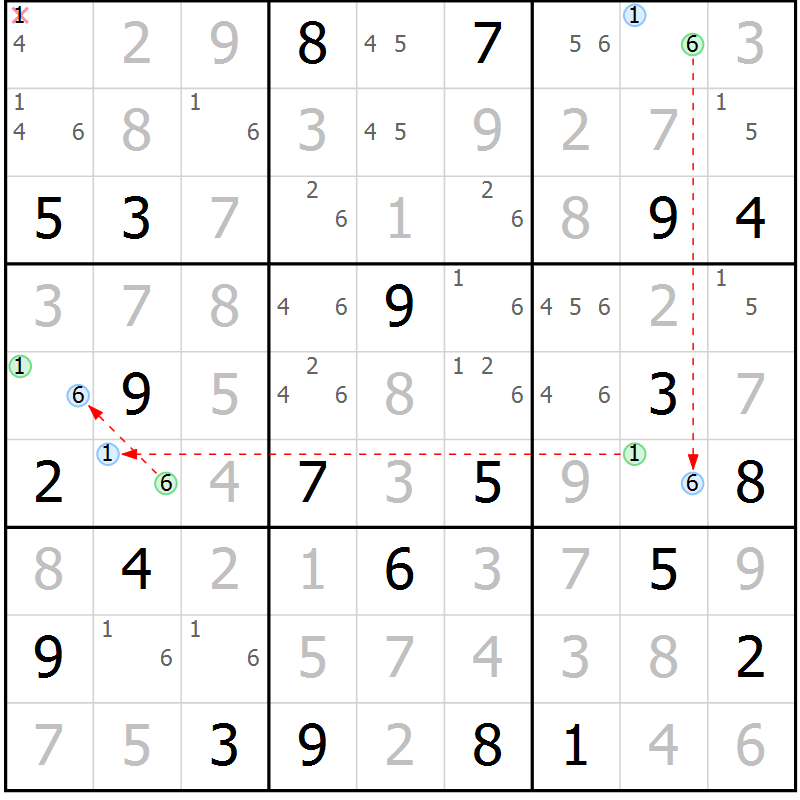 Position des candidats pour la solution de la Gr 113 page 116 du magazine de sudoku Giga sudoku niv 6-8 n° 016