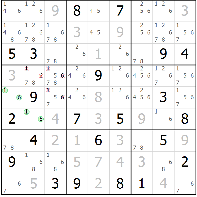 Position des candidats pour la solution de la Gr 113 page 116 du magazine de sudoku Giga sudoku niv 6-8 n° 016