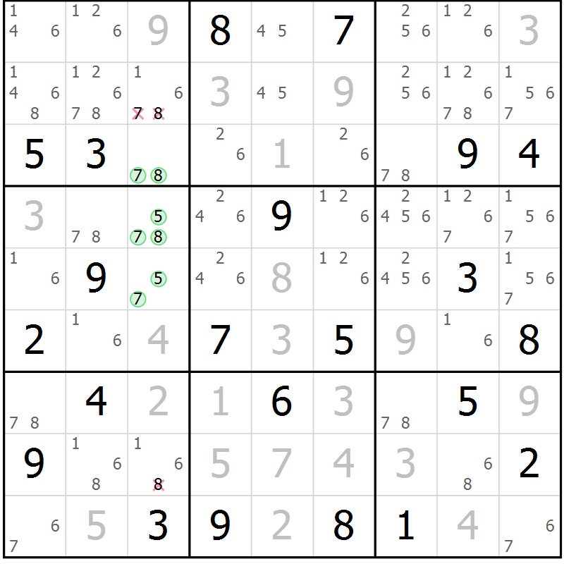 Position des candidats pour la solution de la Gr 113 page 116 du magazine de sudoku Giga sudoku niv 6-8 n° 016