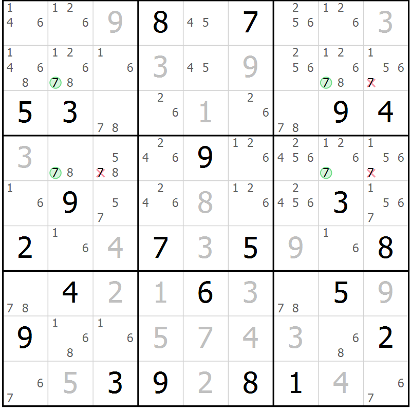 Position des candidats pour la solution de la Gr 113 page 116 du magazine de sudoku Giga sudoku niv 6-8 n° 016