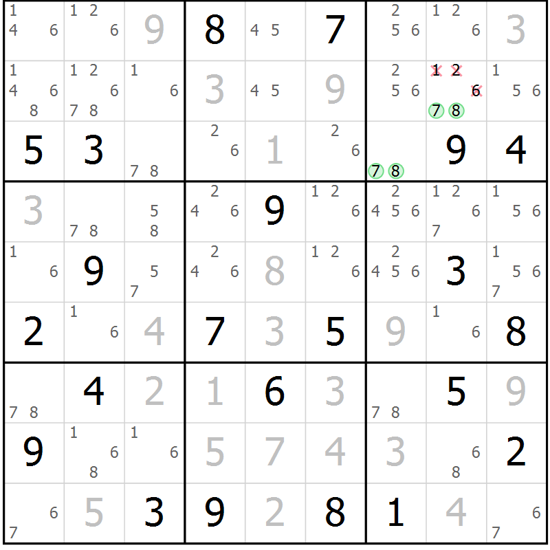 Position des candidats pour la solution de la Gr 113 page 116 du magazine de sudoku Giga sudoku niv 6-8 n° 016