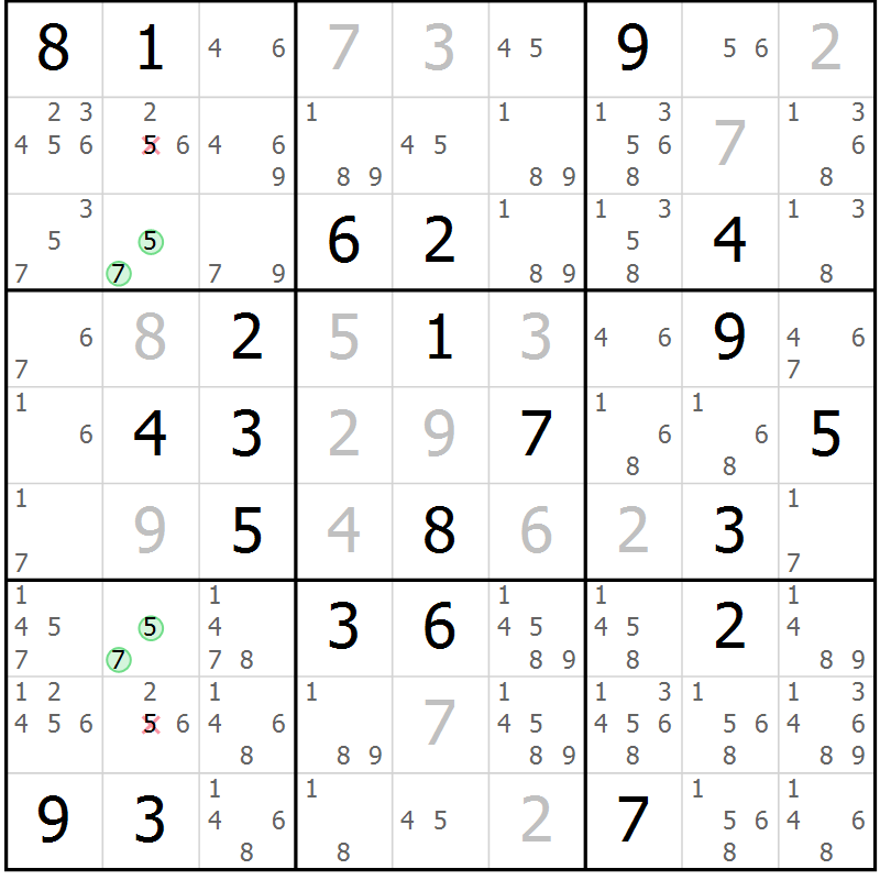 Position des candidats pour la solution de la Gr 114 page 117 du magazine de sudoku Giga sudoku niv 6-8 n° 016