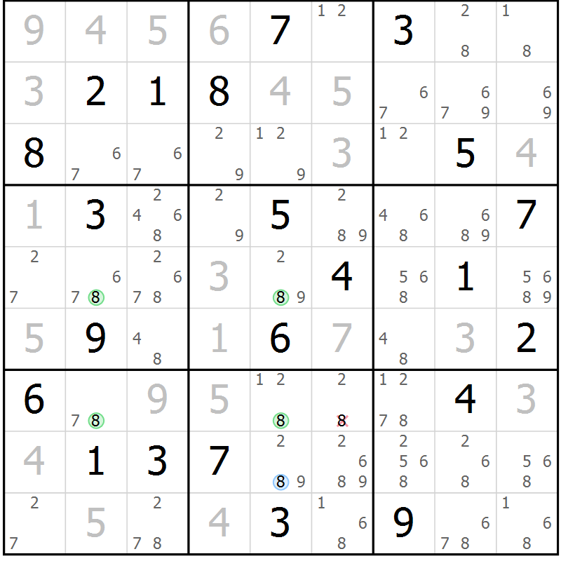 Position des candidats pour la solution de la Gr 115 page 118 du magazine de sudoku Giga sudoku niv 6-8 n° 016