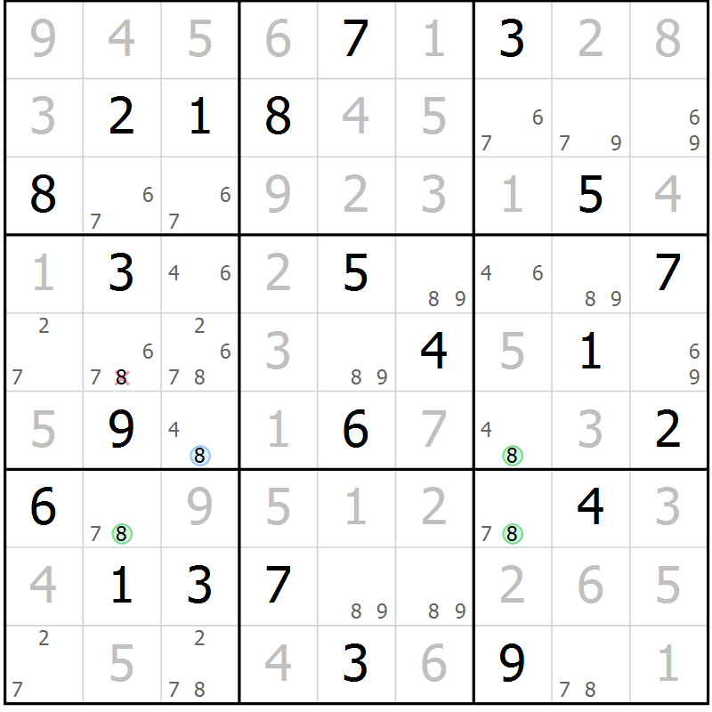 Position des candidats pour la solution de la Gr 115 page 118 du magazine de sudoku Giga sudoku niv 6-8 n° 016