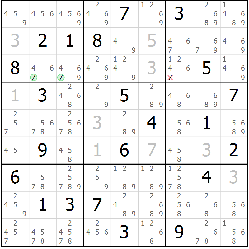 Position des candidats pour la solution de la Gr 115 page 118 du magazine de sudoku Giga sudoku niv 6-8 n° 016