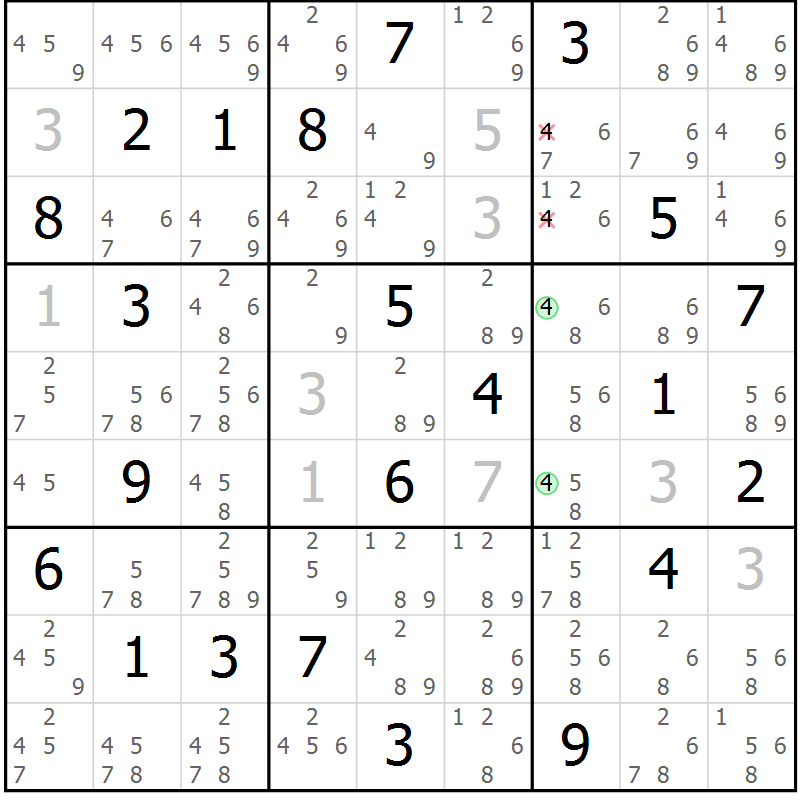 Position des candidats pour la solution de la Gr 115 page 118 du magazine de sudoku Giga sudoku niv 6-8 n° 016