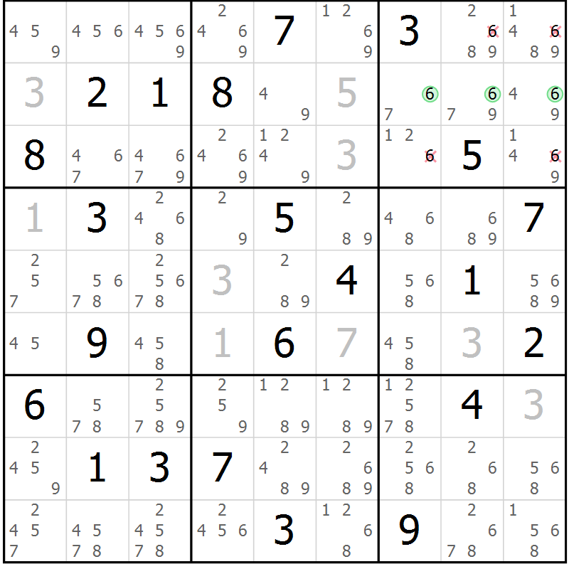 Position des candidats pour la solution de la Gr 115 page 118 du magazine de sudoku Giga sudoku niv 6-8 n° 016