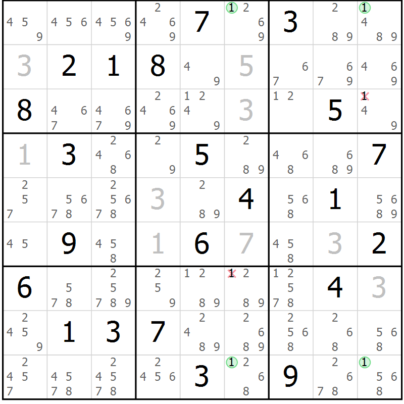 Position des candidats pour la solution de la Gr 115 page 118 du magazine de sudoku Giga sudoku niv 6-8 n° 016