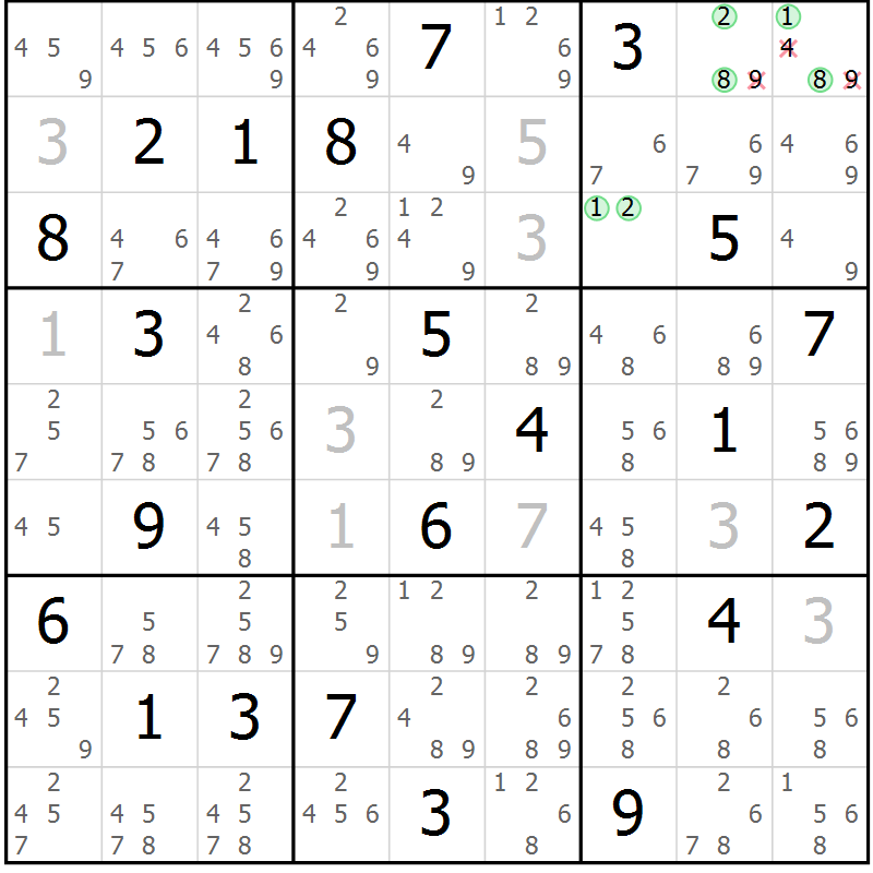 Position des candidats pour la solution de la Gr 115 page 118 du magazine de sudoku Giga sudoku niv 6-8 n° 016
