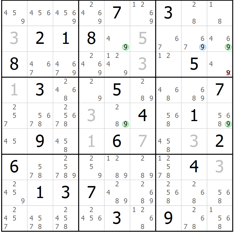 Position des candidats pour la solution de la Gr 115 page 118 du magazine de sudoku Giga sudoku niv 6-8 n° 016