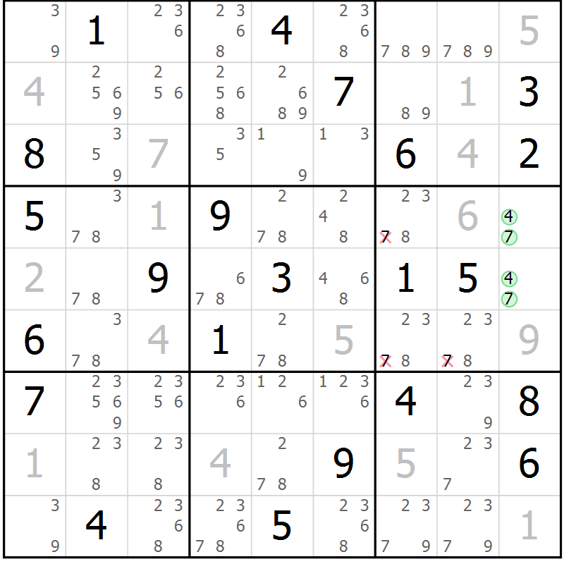 Position des candidats pour la solution de la Gr 116 page 119 du magazine de sudoku Giga sudoku niv 6-8 n° 016