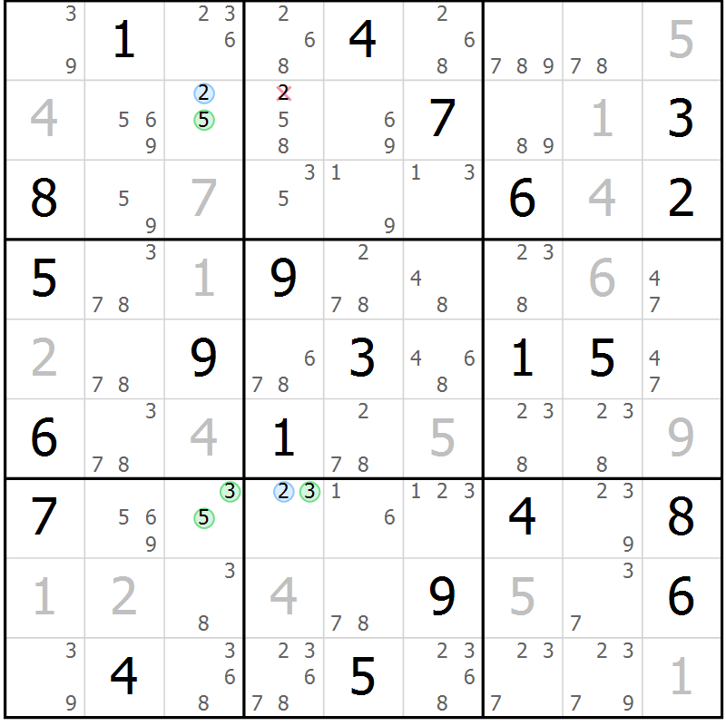 Position des candidats pour la solution de la Gr 116 page 119 du magazine de sudoku Giga sudoku niv 6-8 n° 016