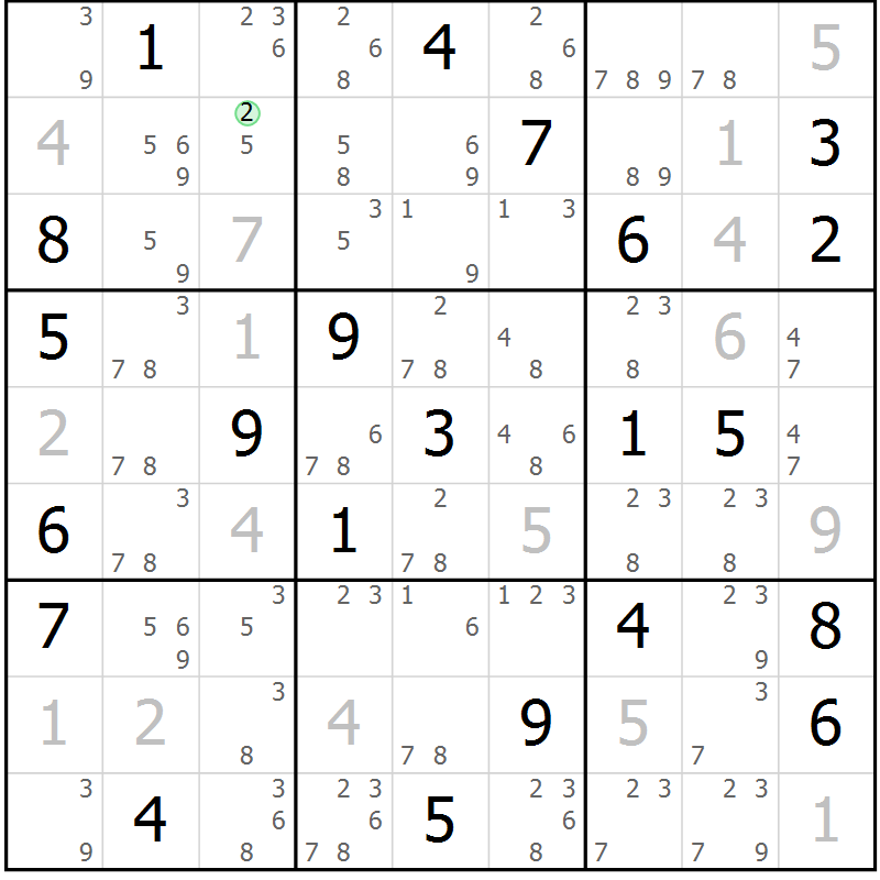 Position des candidats pour la solution de la Gr 116 page 119 du magazine de sudoku Giga sudoku niv 6-8 n° 016