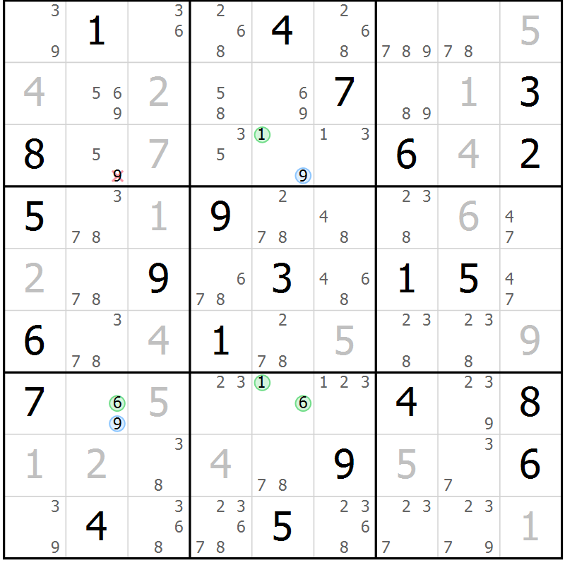 Position des candidats pour la solution de la Gr 116 page 119 du magazine de sudoku Giga sudoku niv 6-8 n° 016