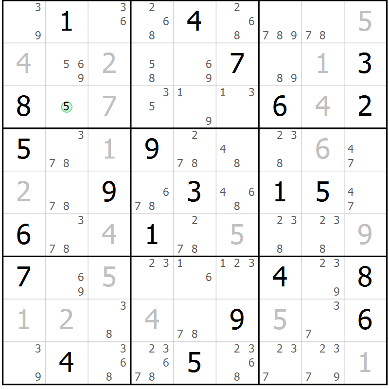 Position des candidats pour la solution de la Gr 116 page 119 du magazine de sudoku Giga sudoku niv 6-8 n° 016