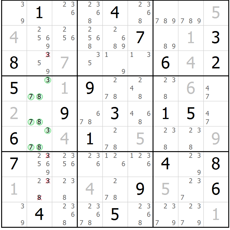 Position des candidats pour la solution de la Gr 116 page 119 du magazine de sudoku Giga sudoku niv 6-8 n° 016