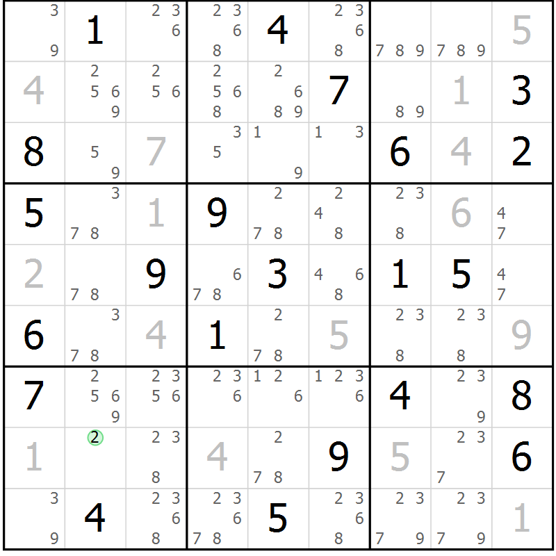 Position des candidats pour la solution de la Gr 116 page 119 du magazine de sudoku Giga sudoku niv 6-8 n° 016