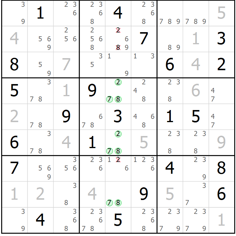 Position des candidats pour la solution de la Gr 116 page 119 du magazine de sudoku Giga sudoku niv 6-8 n° 016