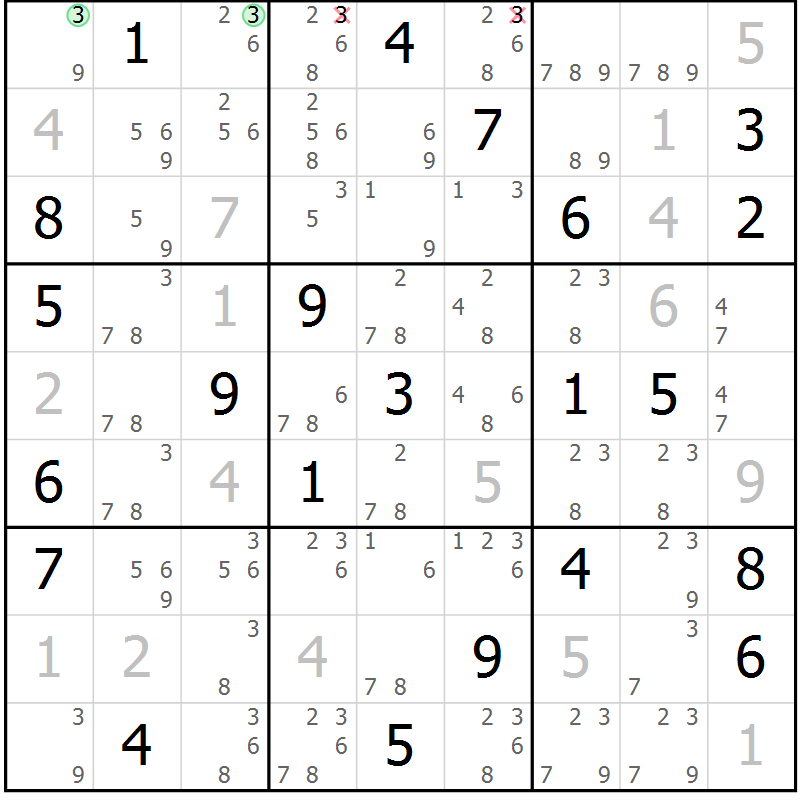 Position des candidats pour la solution de la Gr 116 page 119 du magazine de sudoku Giga sudoku niv 6-8 n° 016