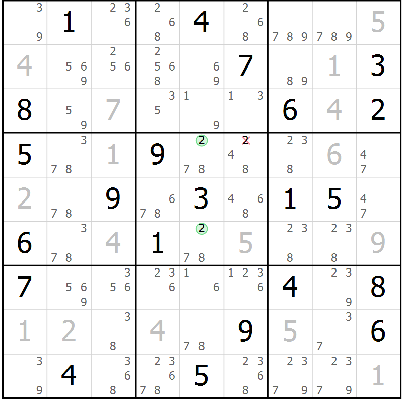 Position des candidats pour la solution de la Gr 116 page 119 du magazine de sudoku Giga sudoku niv 6-8 n° 016