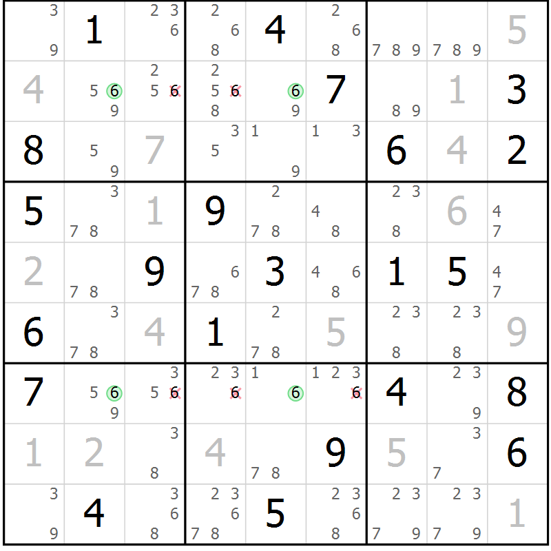 Position des candidats pour la solution de la Gr 116 page 119 du magazine de sudoku Giga sudoku niv 6-8 n° 016