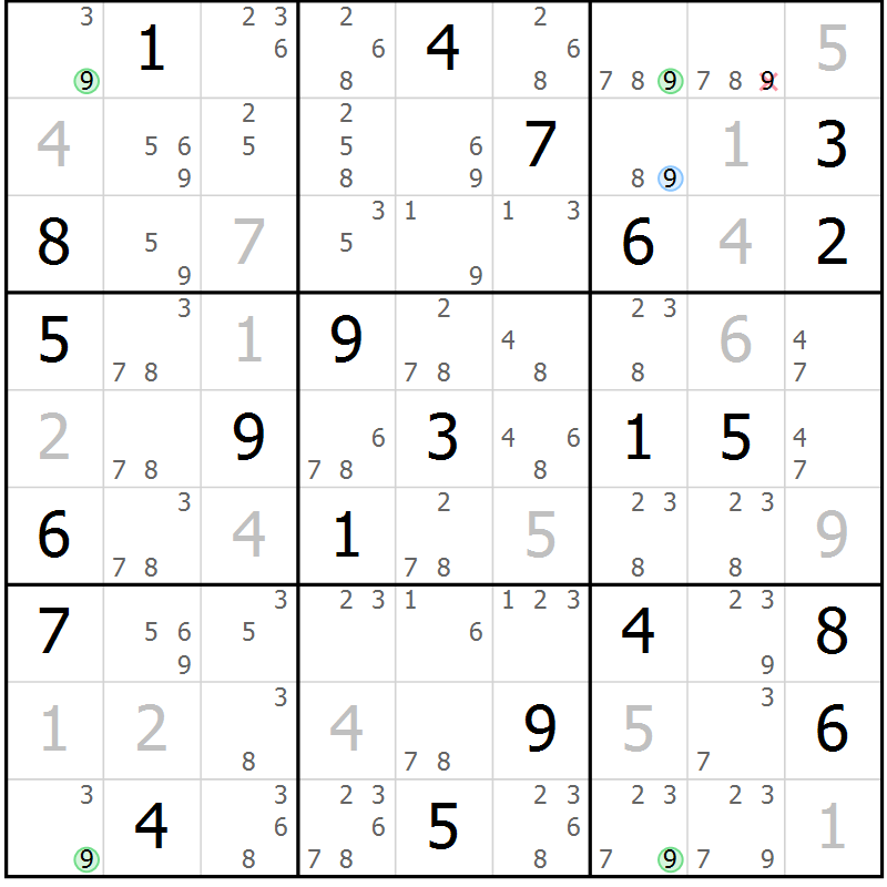 Position des candidats pour la solution de la Gr 116 page 119 du magazine de sudoku Giga sudoku niv 6-8 n° 016