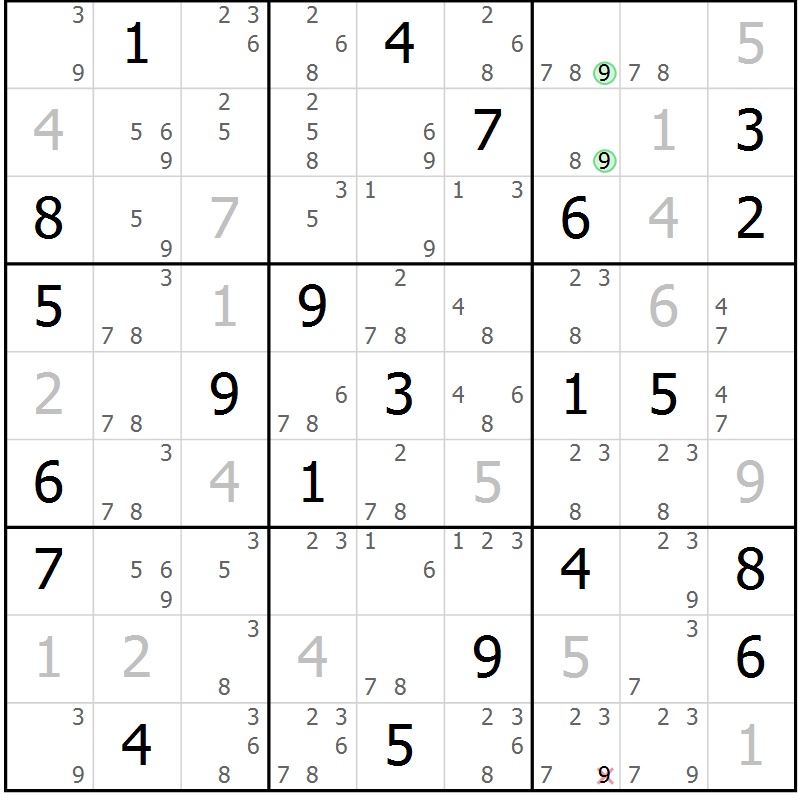 Position des candidats pour la solution de la Gr 116 page 119 du magazine de sudoku Giga sudoku niv 6-8 n° 016